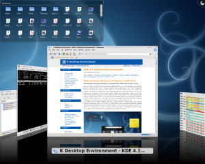 My KDE 4.1 desktop with the \"Cover Switch\" alt-tab window selector