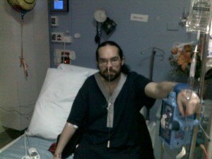 Chris with naso-gastric tube, drip and generally unwell